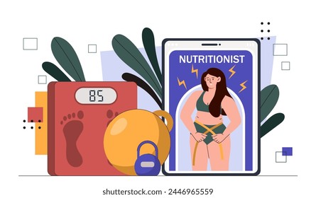 Concepto de nutricionista en línea. Mujer en traje de baño cerca de básculas, fitball y mancuernas. Dieta adecuada y nutrición saludable para perder peso. Ilustración vectorial plana de dibujos animados aislada sobre fondo blanco