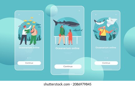 Online Oceanarium Mobile App Page Onboard Screen Template. Little Children Characters Learn Marine Flora and Fauna, Underwater and Sea Animals Variety Concept. Cartoon People Vector Illustration