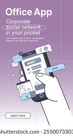 Online office app horizontal web banner. Social networks application, modern corporate technologies and digital world concept design template. Flat vector illustration