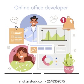 Online office. Modern virtual office developing and moderating. Business team online communication, remote work and business networks. Flat vector illustration