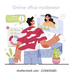 Oficina en línea. Moderna oficina virtual en desarrollo y moderación. Comunicación en línea del equipo de negocios, trabajo remoto y redes de negocios. Ilustración vectorial plana