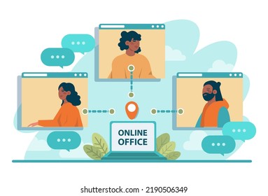Online office. Modern virtual office developing and moderating. Business team online communication, remote work and business networks. Flat vector illustration