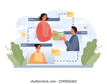 Online office. Modern virtual office developing and moderating. Business team online communication, remote work and business networks. Flat vector illustration