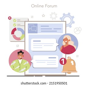 Online Office Online Service Or Platform. Modern Virtual Office Developing And Moderating. Business Team Online Communication. Online Forum. Vector Illustration