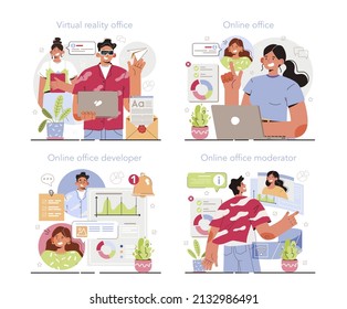 Online office set. Modern virtual office developing and moderating. Business team online communication, remote work and business networks. Flat vector illustration