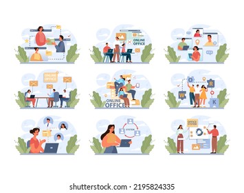 Equipo de oficina en línea. Moderna oficina virtual en desarrollo y moderación. Comunicación en línea del equipo de negocios, trabajo remoto y redes de negocios. Ilustración vectorial plana