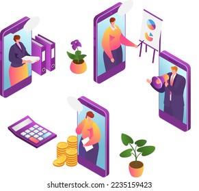 Online office technology, business management in internet vector illustration. Businessman communication financial app on smartphone.