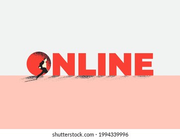 Online office or online work concept with office clerk or businessman silhouette jumping in letter o of online word. Vector illustration