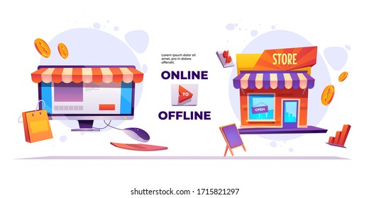 Online to offline banner. O2O sales system, ecommerce and retail business. Vector landing page of marketing strategy with cartoon illustration of shop building and online market on computer screen