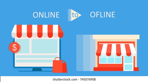 Online To Offline Commerce Definition banner. Shop on site and shop in real life. Involve Seo Users. Vector flat illustration