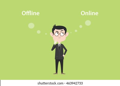 online of offline concept with businessman standing confuse to choose between two option vector graphic illustration