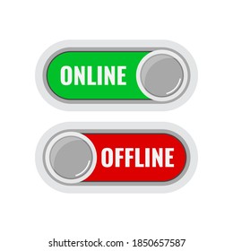 Online And Offline Contact Or Work Icon Set Isolated On White Background. Green Online Live And Red Offline Button Indicators With Round Slider Collection. Flat Design Cartoon Style Vector Illustation