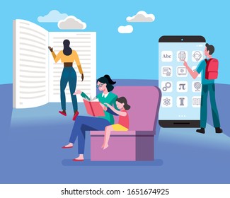 Ilustración del concepto de vector de educación en línea y fuera de línea. Adquiriendo habilidades, camino al éxito. Niveles de educación. Apoyo al aprendizaje.