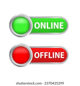 Online and Offline Indicators. Vector green and red state indicator button. Round slider collection. Vector illustration
