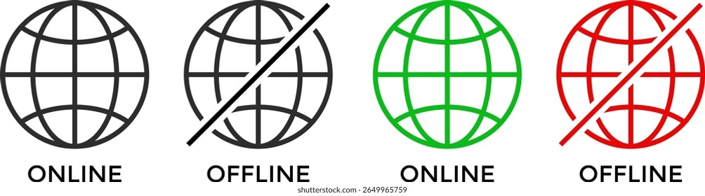 Ícone de Conexão com a Internet Online e Offline definido. aviso de problema de conexão de rede. Ícone de globo sem sinal e símbolo de sinal bom
