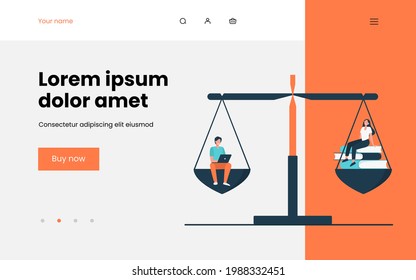 Online and offline learning comparison. Students with laptop or stack of books on balance scale. Flat vector illustration. Education concept for banner, website design or landing web page