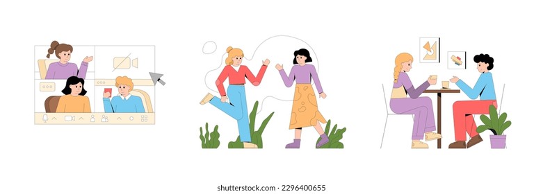 Online and offline meetings. Colleagues communicating during video call. Friends greeting each other outdoors. Couple chatting at kitchen table over coffee. Set of flat vector illustrations