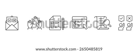 Online and offline opinion voting icon set with ballot form submission hand raise poll paper result and analysis concept.
