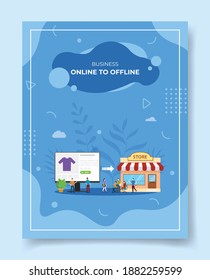 online to offline people around computer monitor cloth in display store for template of banners, flyer, books cover, magazines with liquid shape style