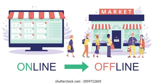 Online to offline shop conversion or attracting customers from online store to offline retail store, flat vector illustration isolated on white background.
