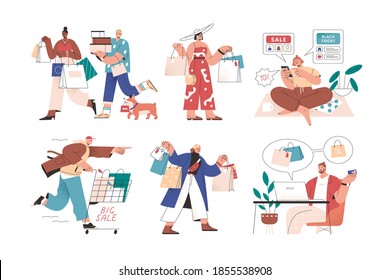 Online and offline shopping by male and female buyers. Set of people with bags, carts, smartphone and laptop during big sale or black friday. Flat vector illustration isolated on white background