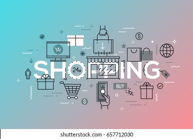 Online and offline shopping, electronic retailers, shops, malls, supermarkets, internet sales and discounts, buying goods. Infographic banner with elements in thin line style. Vector illustration.