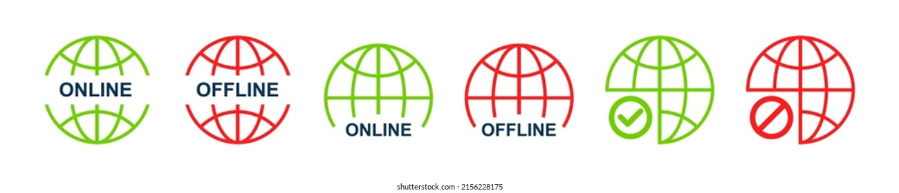 Online, offline signs vector icons. Green and red globe with no signal and good web signal. Internet connection. 