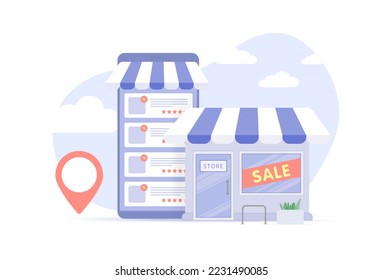 Online and offline store - omnichannel retail businesses work together and generate profit from big sales. Traditional shop mall building store and e-commerce mobile shopping store website and app