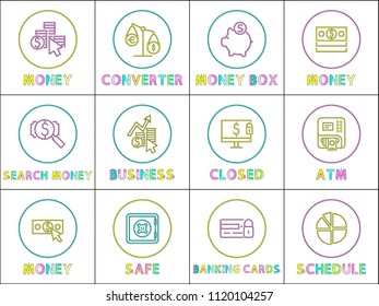 Online operation with money linear round icons set. E-commerce and Internet banking outline buttons for web app isolated flat vector illustrations.