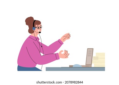 Online operator of call center in headset working at workplace and consulting clients, flat vector illustration isolated on white background. Agent of hotline service.