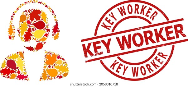 Online Operator collage icon organized for fall seasonwith KEY WORKER dirty stamp. Vector online operator mosaic is organized of scattered fall maple and oak leaves.