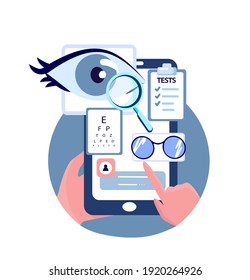 Online Ophthalmic Touchscreen Application.Optician's Shop.Eye Glasses Choose.Eye Vision Acuity,Snellen Chart.Near-sightedness,Farsightedness.Mobile Internet,Smartphone Consultation.Vector Illustration