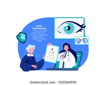 Online Ophthalmologist,Oculist Doctor Consultate Old Retired Pensioner Woman Patient.Eye Vision Acuity,Snellen Chart.Myopia,Farsightedness Treatment. Internet Hospital Diagnostics. Vector Illustration