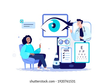 Online Ophthalmologist,Oculist Doctor Consultate Patient.Eye Vision Acuity,Snellen Chart.Myopia,Near-sightedness, Farsightedness,Blindness,Treatment. Internet Hospital Diagnostics. Vector Illustration