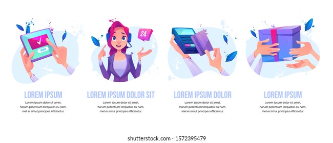 Online order, 24 hour call service operator customers support, pos-terminal card paying, purchase delivery banners or icons set. Shopping and consumerism posters design. Cartoon vector illustration