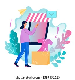 Online order and advanced smart internet technology for business retail concept with woman choosing goods in mobile phone application, flat vector illustration isolated. Intelligent urban environment.
