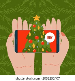 Online order christmas tree. Two hands holding the phone with decorated fir. Service for the delivery of Christmas trees. Vector illustration flat design
