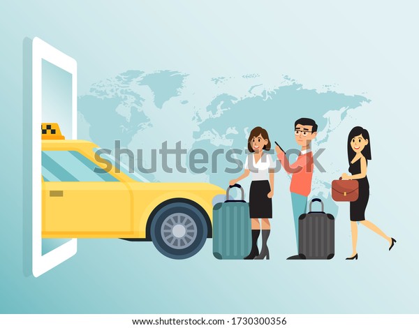Online order city concept taxi, couple lovely\
male female wait public transport businesswoman run flat vector\
illustration. Design urban travel people hold hand luggage, world\
map background.
