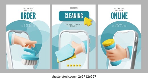 Online order cleaning service. Advertising poster 3D design vector set. Hand from smartphone screen with order app. Cleaning accessories and housekeeping equipment. . Detergent, rags, brush