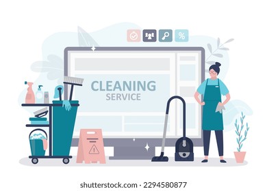 Online order cleaning service on website or app. Housekeeper, woman dressed in uniform with cleaning equipment. Female character doing housework. Professional occupation. flat vector illustration