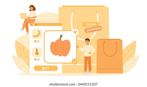 Online order concept. Character buying vegetables from online shop. Grocery ordering on phone application. Vector illustration
