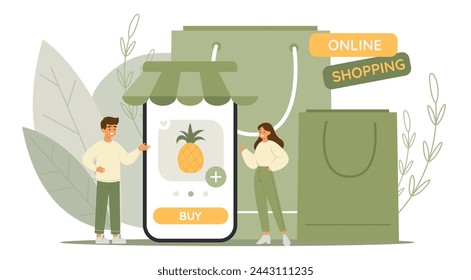 Online order concept. Characters buying fruits from online shop. Grocery ordering from phone application. Vector illustration
