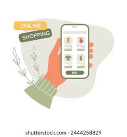 Online order concept. Female hand with online shopping application on phone screen. Character buying vegetables from online shop