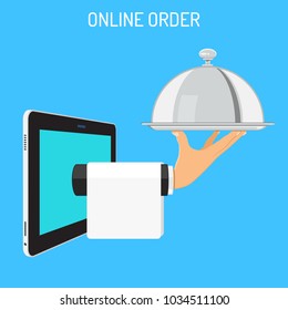 Online Order Concept. Hand holds tray with cover. Internet delivery via tablet PC. Flat style icons. Isolated vector illustration