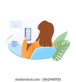 Online order concept. A happy girl is ordering goods through his cellphone. Buy trending items. message from home. illustration vector