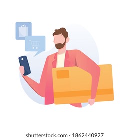 Online order concept. A happy man is ordering goods through his cellphone. Buy trending items by credit card. message from home. illustration vector