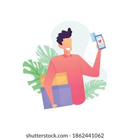 Online order concept. A happy man is ordering goods through his cellphone. Buy trending items. message from home. illustration vector