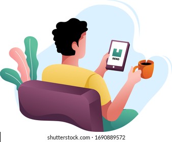Online Order Concept. A Man Is Ordering Goods Through His Cellphone. Sitting Relaxed. Message From Home. Illustration Vector