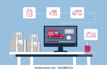 Online order concept vector. Purchase in online store. Gift voucher in internet. Sale shopping and contactless delivery in quarantine. Put goods in cart online.