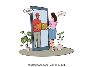 Online order and courier delivery at home. Global shipping and express delivery illustration